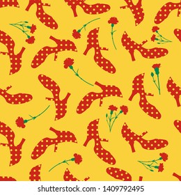 Spanish fair. Seamless pattern of flamenco shoes and red carnations.