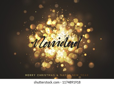 Spanish Feliz Navidad. Christmas background with golden lights bokeh. Xmas greeting card. Magic holiday poster, banner. Night bright gold sparkles background