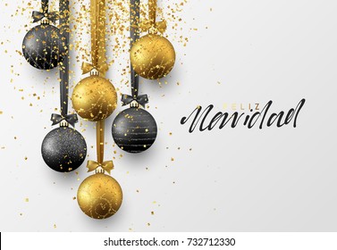 Spanish Feliz Navidad. Christmas greeting card, design of xmas balls with golden glitter confetti.