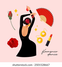 Spanish female dancer performing flamenco in a black dress with bright accessories isolated on a pink background.