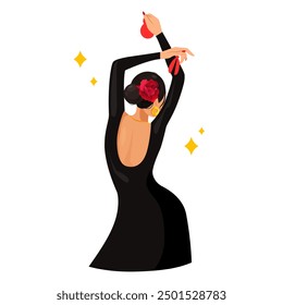 Spanish female dancer performing flamenco in a black dress with bright accessories isolated on a white background.