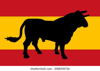 Spanish flag bull vector silhouette illustration isolated on background. Horned ox Spain flag symbol. Strong animal in traditional fight against matador. Spain patriotic emblem national animal mascot.