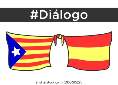 Spanish flag and Catalan independence flag united by a knot and with hashtag "let's talk" in spanish written.