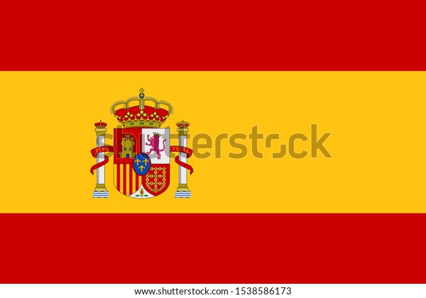 盾の背景にスペインの国旗と武器と冠 ライオンと城 フラットなベクター画像エンブレム のベクター画像素材 ロイヤリティフリー