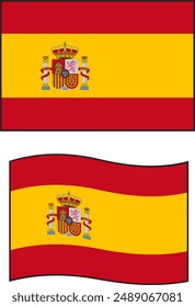 Die spanische Flagge besteht aus Rot, Gelb und Rot mit dem königlichen Wappen in der gelben Mitte. Eine Flagge ist quadratisch, während die andere wellenförmig ist, als würde sie vom Wind geschwemmt