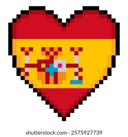 Spanish flag with heart shape in pixel art style