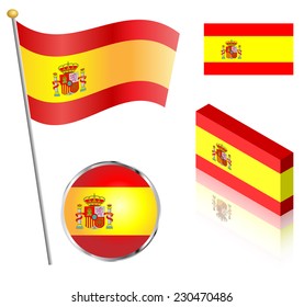 Spanish Flag On A Pole, Badge And Isometric Designs Vector Illustration. 