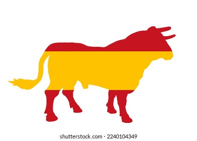 Spanish flag over bull vector silhouette illustration isolated on background. Horned ox Spain flag symbol. Strong animal in traditional fight against matador. Spain patriotic emblem national animal.