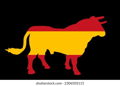 Spanish flag over bull vector silhouette illustration isolated on background. Horned ox Spain flag symbol. Strong animal in traditional fight against matador. Spain patriotic emblem national animal.