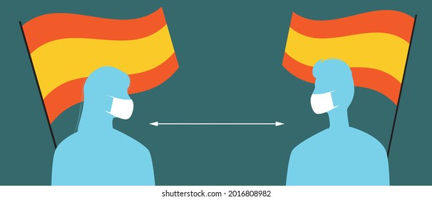 Spanish flag, people in face masks. Silhouette vector stock illustration. Medical masks for covid. People in Spain and social distance. Silhouettes of the Spaniards. Isolated illustration
