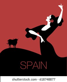 Spanish flamenco dancer and bull in the background. Vector Illustration.