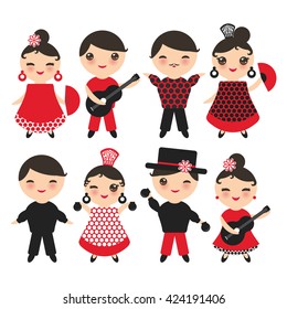 Spanish flamenco dancer - card, banner template. Kawaii cute face with pink cheeks and winking eyes. Gipsy girl and boy, red black white dress, polka dot fabric, Isolated on white background. Vector