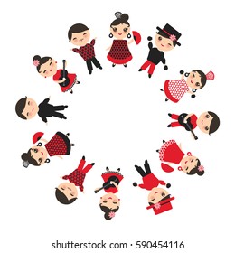 Spanish flamenco dancer card design, round banner template. Kawaii cute face pink cheeks winking eyes. Gipsy girl and boy, red black white dress, polka dot fabric, Isolated on white background. Vector
