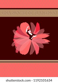 Spanish flamenco dancer dressed in skirt in the form of luxurious red flower on  brown background in vector. Flamenco night (Spanish text). Invitation card, poster or design of chocolate packaging.