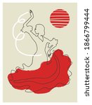 Spanish Flamenco dancer girl, vector illustration. Modern  line art poster.