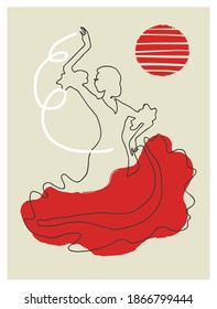 Spanish Flamenco dancer girl, vector illustration. Modern  line art poster.