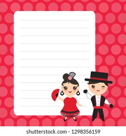 Spanish flamenco dancer Kawaii boy and girl in national costume and hat. Cartoon children Card design with red colors polka dot lined page notebook, template, blank, planner background. Vector
