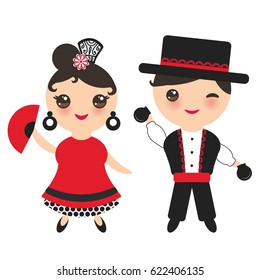 Spanish Flamenco Dancer. Kawaii Cute Face With Pink Cheeks And Winking Eyes. Gipsy Girl And Boy, Red Black White Dress, Polka Dot Fabric, Isolated On White Background. Vector