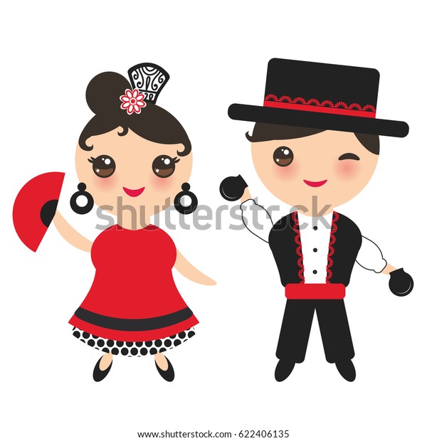 スペインのフラメンコダンサー ピンクのほおとまばたき目のかわいい 顔 白い背景にジプシーの女の子と男の子 赤い黒い白のドレス ポルカのドットファブリック ベクター画像 のベクター画像素材 ロイヤリティフリー