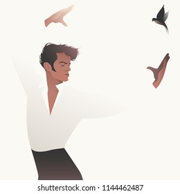 Spanish Flamenco dancer man and flying swallow on white background