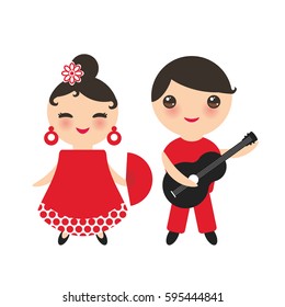 Spanish flamenco dancer set. Gipsy girl with fan and boy with guitar, red white dress, Isolated on white background. Kawaii cute face with pink cheeks and winking eyes. Vector illustration
