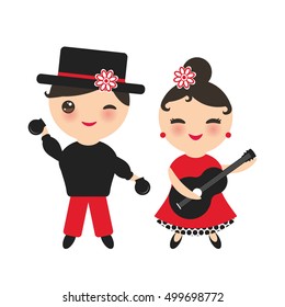 Spanish flamenco dancer set. Kawaii cute face with pink cheeks and winking eyes. Gipsy girl with guitar and boy with castanets, red black white dress, Isolated on white background. Vector