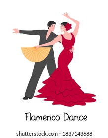 Spanish flamenco dancing cartoon characters people. Girl dancer in red dress with fan and guy in black suit isolated on white. Poster, invitation for dance school or festival. Vector flat illustration