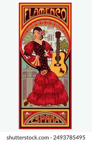 Spanish flamenco girl with guitar in art nouveau style, vector illustration