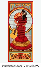 Spanish flamenco woman with guitar in art nouveau style, vector illustration