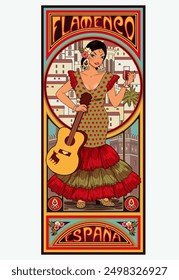 Spanish flamenco woman with guitar and wineglass in art nouveau style, vector illustration