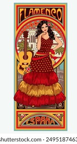 Spanish flamenco young girl with guitar in art nouveau style, vector illustration