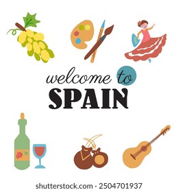 Spanish flat cartoon vector symbols Flamenco dancer girl, Yellow grape branch, acoustic guitar, bottle grape wine, Color art palette, castanets isolated on white, simple sign decorative colorful art