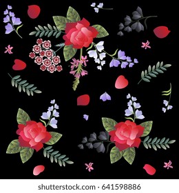 Spanish floral pattern with red roses, carnation, sage and bell flowers on black background. Manton fragment. Vector design.