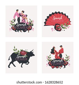 Spanish flower cards vector set with Flamenco dancers, bull silhouette and Spanish folding fan.