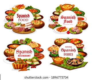 Spanish food cuisine, menu meals of restaurant in Spain, vector dishes of meat, paella and snacks. Spanish cuisine food dinner tapas, Mediterranean seafood and tomato soup, traditional lunch sausages