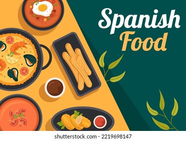 Spanish Food Cuisine Menu Restaurant with Various of Traditional Dish Recipe on Flat Cartoon Hand Drawn Templates Illustration