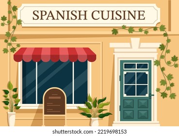 Spanish Food Cuisine Menu Restaurant with Various of Traditional Dish Recipe on Flat Cartoon Hand Drawn Templates Illustration