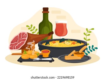 Spanish Food Cuisine Menu Restaurant with Various of Traditional Dish Recipe on Flat Cartoon Hand Drawn Templates Illustration