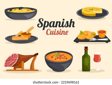 Spanish Food Cuisine Menu Restaurant with Various of Traditional Dish Recipe on Flat Cartoon Hand Drawn Templates Illustration