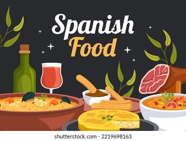 Spanish Food Cuisine Menu Restaurant with Various of Traditional Dish Recipe on Flat Cartoon Hand Drawn Templates Illustration