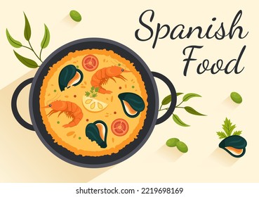 Spanish Food Cuisine Menu Restaurant with Various of Traditional Dish Recipe on Flat Cartoon Hand Drawn Templates Illustration