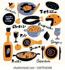 Spanish food. Hand drawn illustration with the names of food, lettering, made in vector