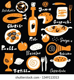 Spanish food. Hand drawn illustration with the names of food, lettering, made in vector. Black background