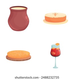 Spanish food icons set cartoon vector. Traditional spanish cuisine dish. Mediterranean cuisine