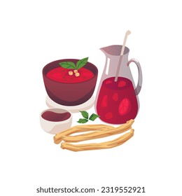Spanish food including gazpacho tomato soup and churros with can of sangria, flat vector illustration isolated on white background. Spanish cuisine delicatessen.