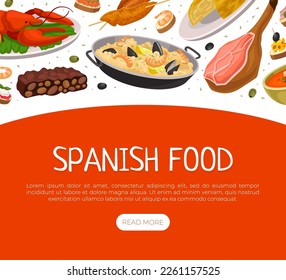 Spanish food landing page template. Delicious traditional dishes of Spain such as paella, jamon, gaspacho web banner, website cartoon vector