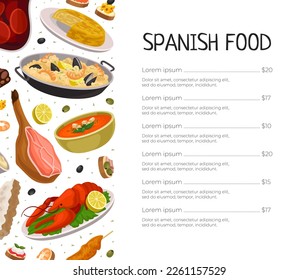 Spanish food menu template set. Delicious traditional dishes of Spain flyer, card, business promote cartoon vector