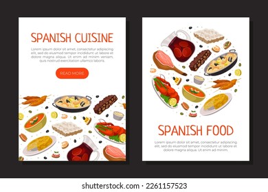 Spanish food mobile app templates set. Tasty traditional dishes of Spain web banner, card cartoon vector