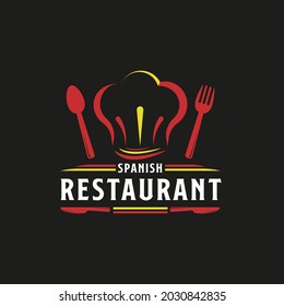 Spanish Food Restaurant Logo. Spain flag symbol with Spoon, Fork, and Chef Head Cap icons. Premium and Luxury Logo