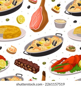 Spanish food seamless pattern. Delicious traditional dishes of Spain repeating print for wallpaper, wrapping paper, textile, package design cartoon vector